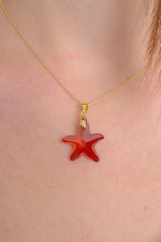 Swarovski® Taşlı StarFish Red Magma 925 Ayar Gümüş Kolye