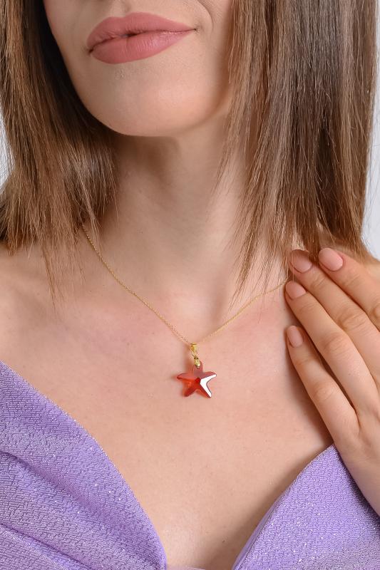 Swarovski® Taşlı StarFish Red Magma 925 Ayar Gümüş Kolye