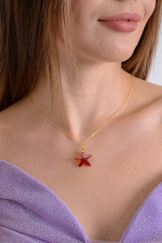 Swarovski® Taşlı StarFish Red Magma 925 Ayar Gümüş Kolye
