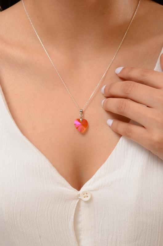 Swarovski® 6228 Heart Astral Pink Opal 925 Ayar Gümüş Kolye
