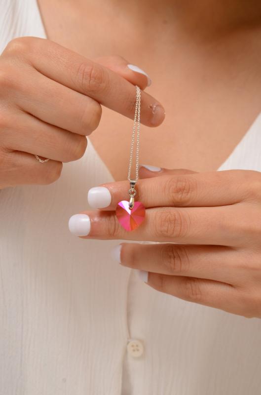 Swarovski® 6228 Heart Astral Pink Opal 925 Ayar Gümüş Kolye