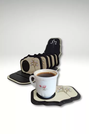 Crystal Aurore Boreale Taşlı Ahşap Bardak Altlığı ve Tabak Kase Seti - Rebap-Akçaağaç