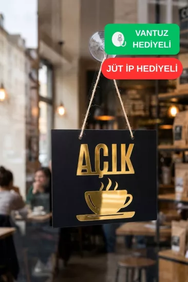 Ahşap Üzeri Gold Aynalı Pleksi Açık-Kapalı Cafe ve Restaurant Tabelası