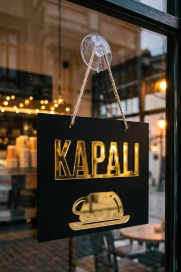 Ahşap Üzeri Gold Aynalı Pleksi Açık-Kapalı Cafe ve Restaurant Tabelası