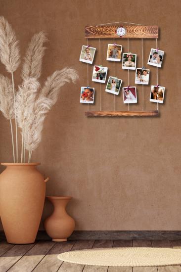 Saatli Ahşap Askılı İpli Mandallı Fotoğraf Çerçevesi - 50 X 60 cm