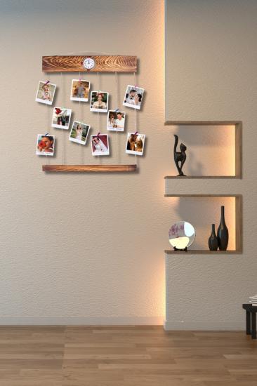 Saatli Ahşap Askılı İpli Mandallı Fotoğraf Çerçevesi - 50 X 60 cm