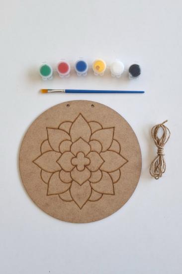 Hobi ve Dekor İçin Mandala Desenli Ahşap Boyama Seti - Fırça ve Akrilik Boya Hediyeli