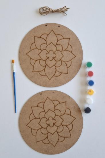 Hobi ve Dekor İçin Mandala Desenli 2 Parça Ahşap Boyama Seti - Fırça ve Akrilik Boya Hediyeli