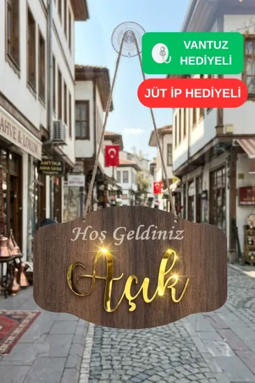 Gold Pleksi Detaylı 3D Ahşap Açık-Kapalı Tabelası - Tesbih