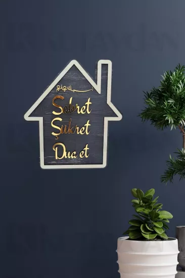 Gold Rengi Sabret Şükret Dua Et 2D Mdf Lazer Kesim Kapı ve Duvar Süsü ( İster As - İster Yapıştır )
