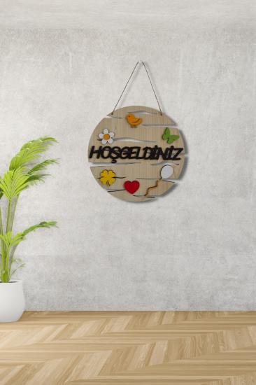 Hoşgeldiniz Yazılı Yuvarlak  Mdf Lazer Kesim Kapı ve Duvar Süsü - Akçaağaç Ahşap