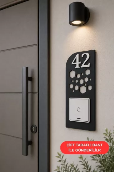 Lazer Kesim Hexagon Desenli Kapı Zil Çerçevesi - Siyah