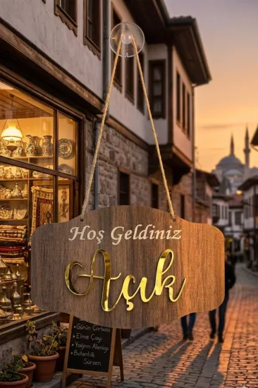 Gold Pleksi Detaylı 3D Ahşap Açık-Kapalı Tabelası - Tesbih