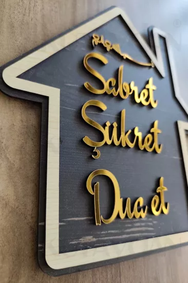 Gold Rengi Sabret Şükret Dua Et 2D Mdf Lazer Kesim Kapı ve Duvar Süsü ( İster As - İster Yapıştır )