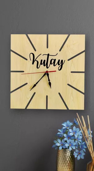 Kare Kenar Kesimli İsimli Lazer Kesim Mdf Ahşap Duvar Saati