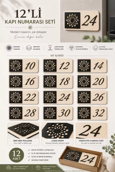 Kişiye Özel 12’li Modern Ahşap Kapı Numarası Seti | 3 mm MDF Lazer Kesim - Akçaağaç