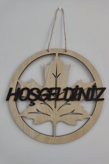 Hoşgeldiniz Yazılı Çınar Yaprağı Mdf Lazer Kesim Kapı ve Duvar Süsü - Akçaağaç Ahşap