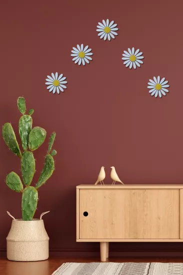 5’li Papatya Duvar Süsü Seti – Doğadan İlhamla, El Yapımı Dekor - Beyaz-Sarı