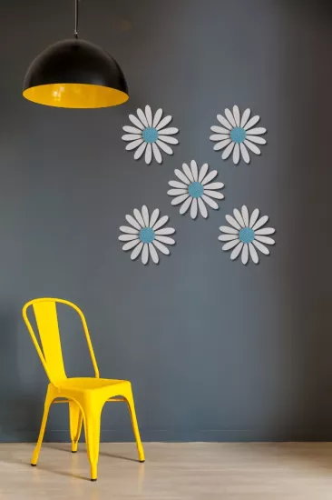 5’li Papatya Duvar Süsü Seti – Doğadan İlhamla, El Yapımı Dekor - Beyaz-Mavi