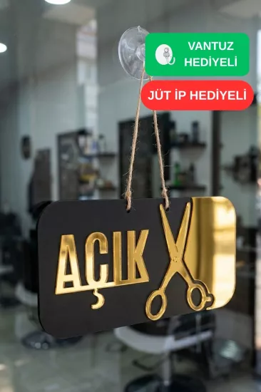 Ahşap Üzeri Gold Aynalı Pleksi Açık-Kapalı Terzi ve Kuaför Tabelası