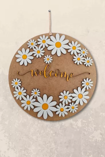 Dekoratif Welcome Yazılı Papatya Motifli Kapı ve Duvar Süsü