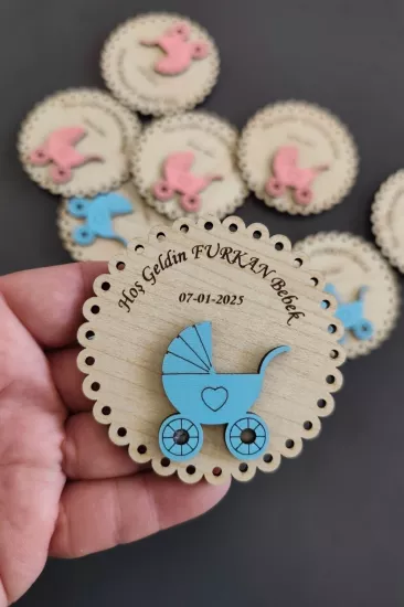 Bebek Arabası Delikli Desenli Hoşgeldin Ahşap Bebek Magneti - 20 Adet