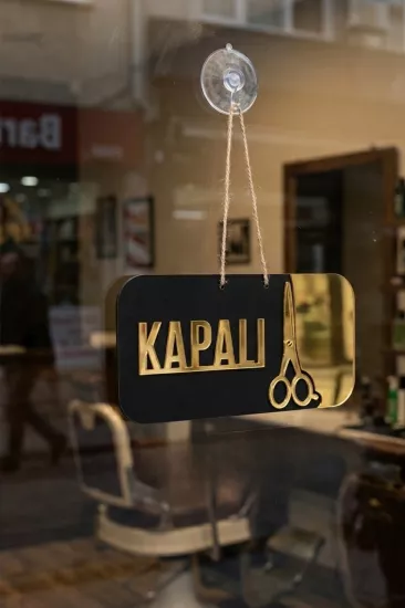 Ahşap Üzeri Gold Aynalı Pleksi Açık-Kapalı Terzi ve Kuaför Tabelası