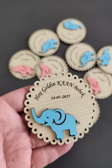 Sevimli Fil Desenli Hoşgeldin Ahşap Bebek Magneti - 20 Adet