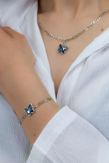 Swarovski Butterfly Taşlı Gümüş Kaplama Figaro Zincirli Bileklik ve Kolye