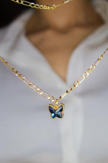 Swarovski Butterfly Taşlı 14K Altın Kaplama Figaro Zincirli Kelebek Kolye