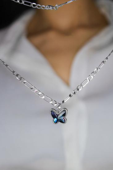 Swarovski Butterfly Taşlı Gümüş Kaplama Figaro Zincirli Kelebek Kolye