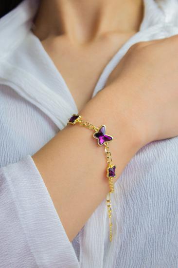 Swarovski Butterfly Amethys Taşlı Gümüş Kaplama Figaro Zincirli Kelebek Bileklik