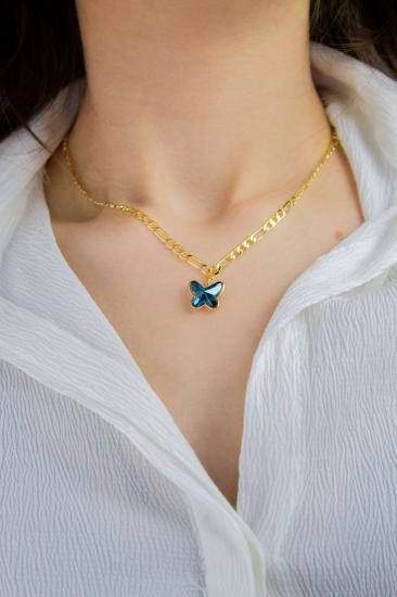 Swarovski Butterfly Taşlı 14K Altın Kaplama Figaro Zincirli Kelebek Kolye