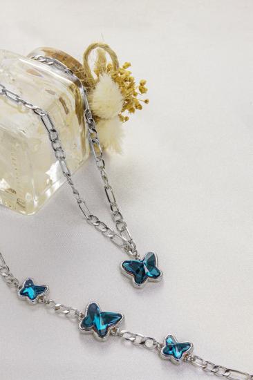 Swarovski Butterfly Taşlı Gümüş Kaplama Figaro Zincirli Bileklik ve Kolye