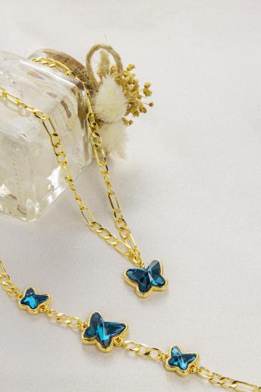 Swarovski Butterfly Taşlı 14K Altın Kaplama Figaro Zincirli Bileklik ve Kolye
