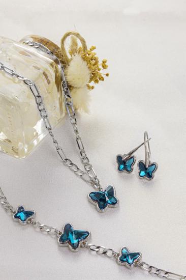 Swarovski Butterfly Taşlı Gümüş Kaplama Figaro Zincirli Kelebek Set