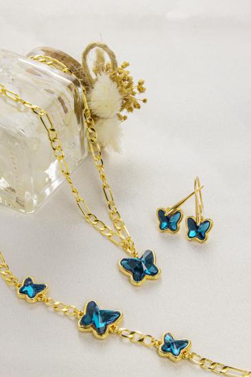 Swarovski Butterfly Taşlı 14K Altın Kaplama Figaro Zincirli Kelebek Set