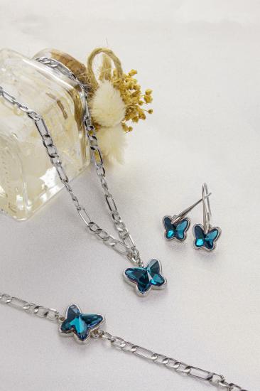 Swarovski Butterfly Taşlı Gümüş Kaplama Figaro Zincirli Kelebek Set