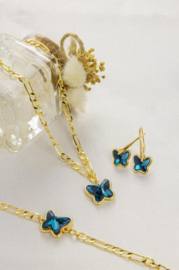 Swarovski Butterfly Taşlı 14K Altın Kaplama Figaro Zincirli Kelebek Set