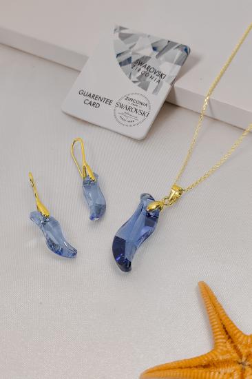 Swarovski Taşlı 6525 Wawe Dalga Küpe ve Kolye Set - Blue Denim