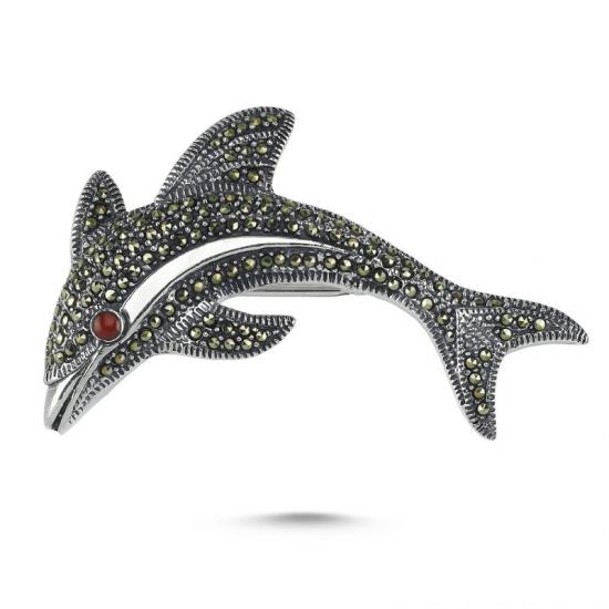 Gümüş Yunus Balığı Markazit & Kırmızı Akik Taşlı Broş
