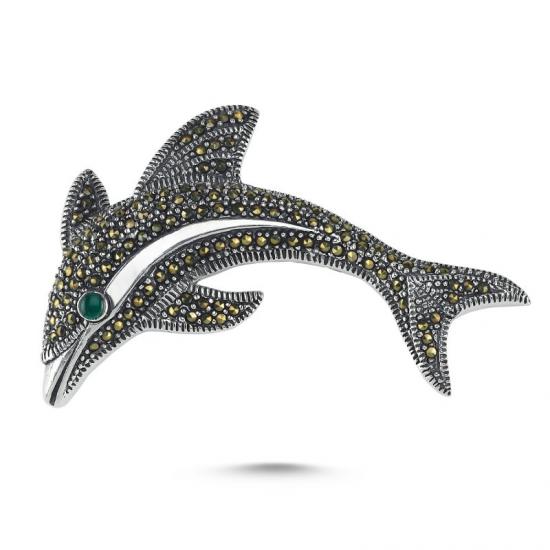 Gümüş Yunus Balığı Markazit & Yeşil Akik Taşlı Broş