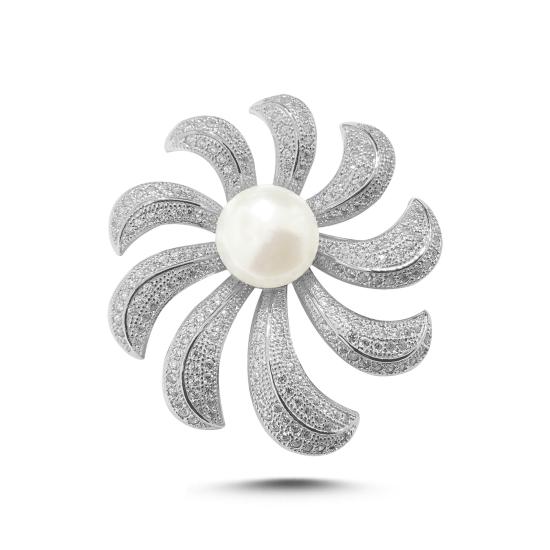 Gümüş Hakiki İnci & Zirkon Taşlı Çiçek Tasarımlı Broş