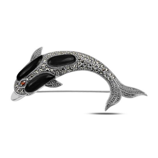 Gümüş Yunus Balığı Doğal Taş & Markazit Taşlı Broş-Oniks