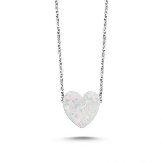 Gümüş Beyaz Opal Kalp Kolye