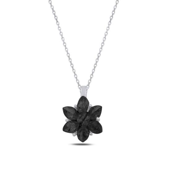 Gümüş Lotus Çiçeği Siyah Zirkon Taşlı Kolye