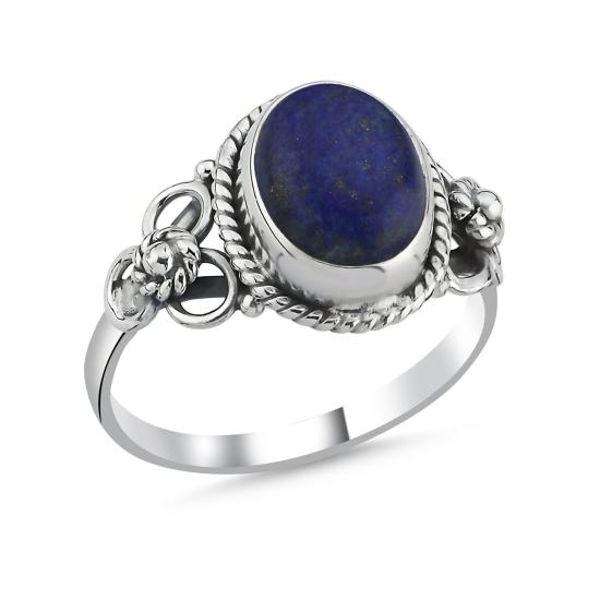 Gümüş Lapis Lazuli Oval Kesim & Etnik Detaylı Oksitli Yüzük