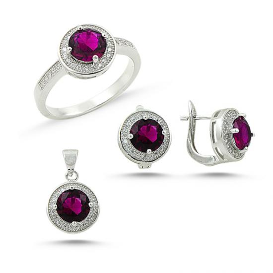 Gümüş Yakut Zirkon Taşlı Halo Set
