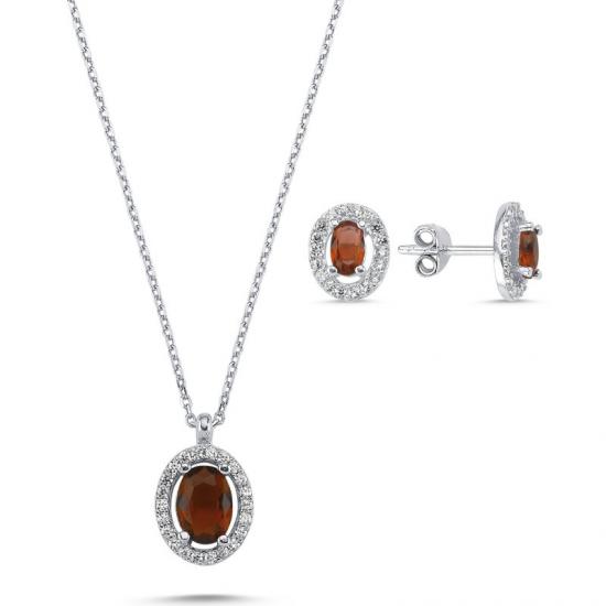 Gümüş Oval Garnet Zirkon Taşlı Halo Tektaş Set