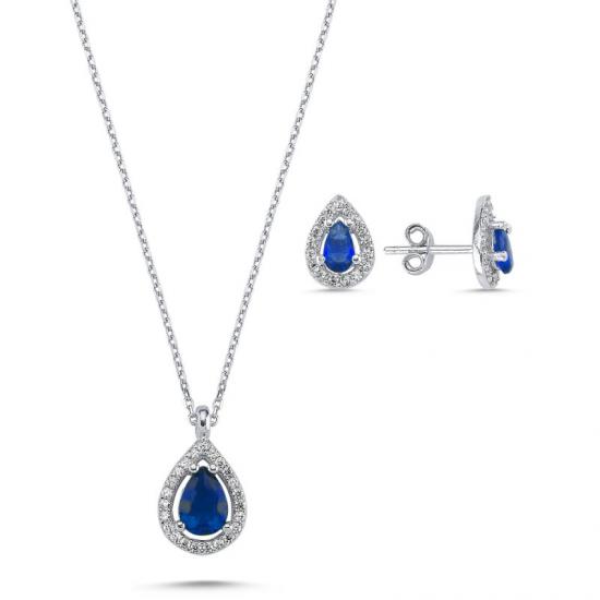 Gümüş Damla Safir Zirkon Taşlı Halo Tektaş Set